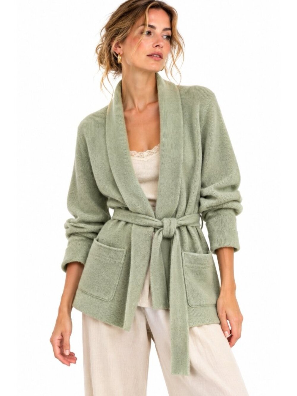 vintage 60s HADLEY CASHMERE SOUFFLE cardigan XL sage green belted sweater